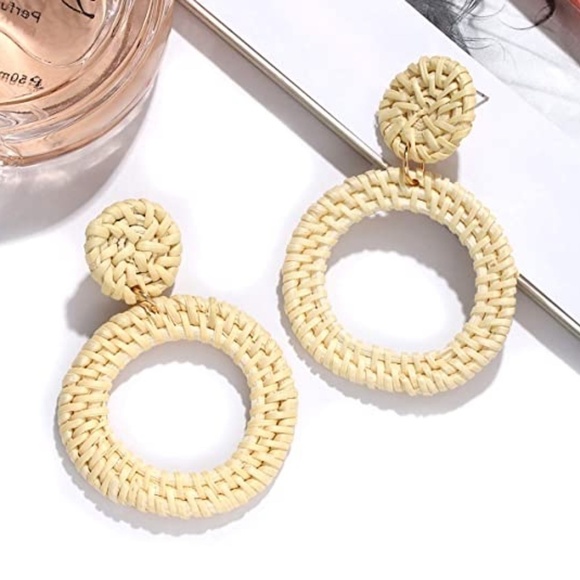 Weave Straw Double Disc Drop Earrings Boho Rattan Dangle Statement - Picture 6 of 7